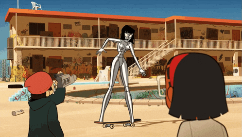 a cartoon drawing of a woman on a skateboard with a camera and headphones