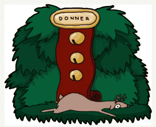 a cartoon drawing of a deer laying under a tree with a sign that says donner