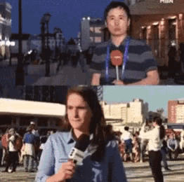 a woman is holding a microphone and a man is holding a microphone in front of a sign that says nba