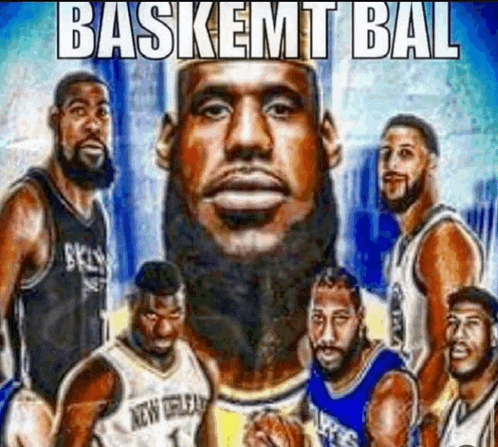 a group of basketball players standing next to each other with the words baskemmt bal written above them .