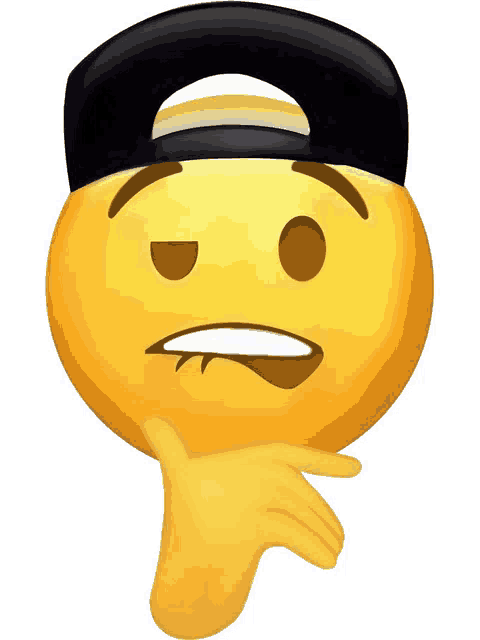 a smiley face wearing a black hat and a hand on its chin