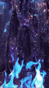 a purple background with blue flames and the letter m on the bottom