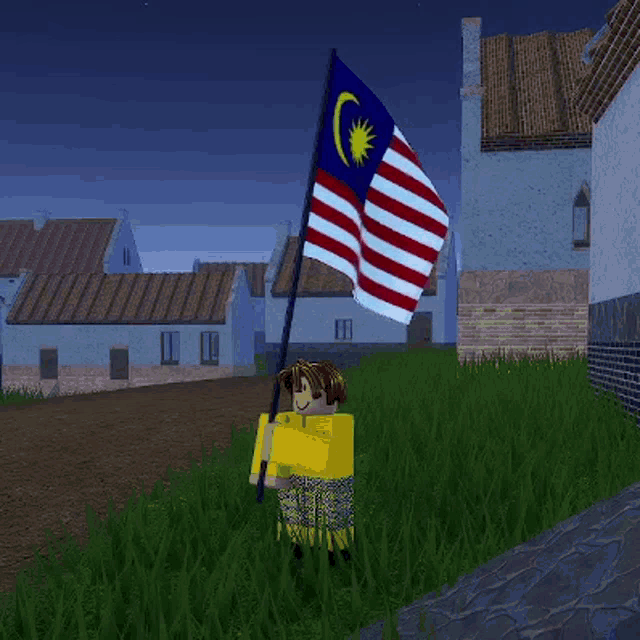 a girl in a yellow shirt is holding a flag in front of a building