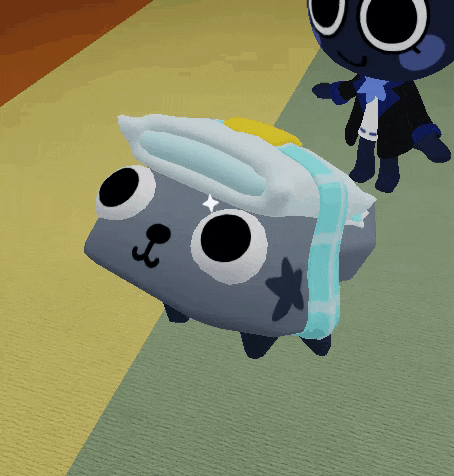a cartoon character is standing next to a gray dog with a star on its head