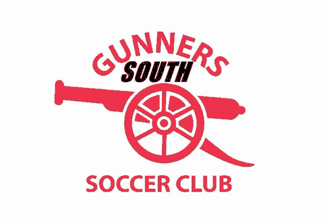 a logo for gunners south soccer club with a cannon on it