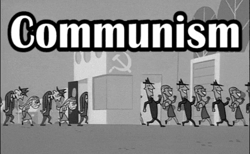 a group of people walking in a line with the word communism on the top