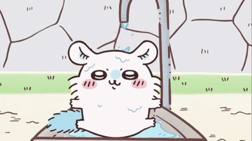 a cartoon of a hamster taking a bath in a bucket of water