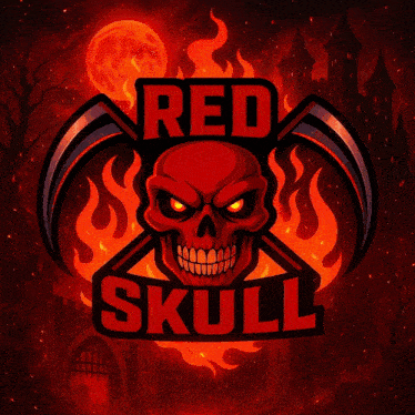 a red skull with a scythe and the word red skull
