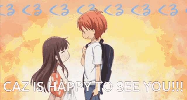 a boy and a girl are standing next to each other with the words caz is happy to see you written below them