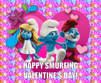 a happy smurfing valentine 's day greeting card with three smurfs holding hands