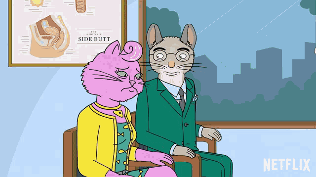 a cartoon of a man and a pink cat sitting in front of a poster that says the female side butt