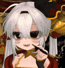 a girl with long white hair is holding a pipe in her mouth