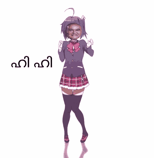 a girl in a plaid skirt has a man 's face on her head and the words " hni hni " below her