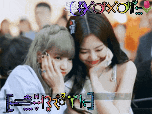 a couple of girls are sitting next to each other with the words xoxo on top