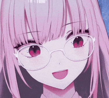 a girl with pink hair and glasses is smiling