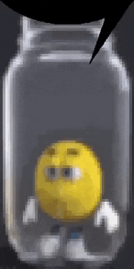 a yellow smiley face is in a clear jar with a speech bubble .