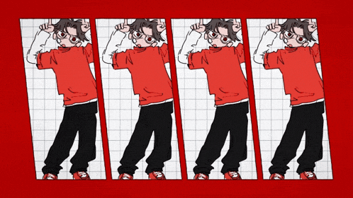 a drawing of a boy in a red shirt and black pants is repeated on a red background