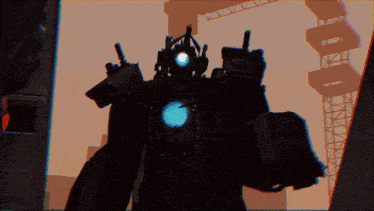 a robot with a blue light on its head stands in front of a building