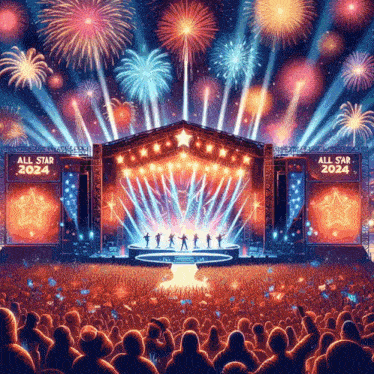 a crowd of people watching a concert with fireworks and signs that say all star 2024