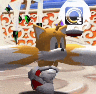 tails from sonic the hedgehog is standing in front of a white circle with the letter p on it