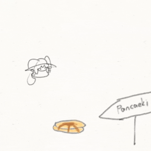 a black and white drawing of a girl holding a pancake and a sign that says pancake 's .