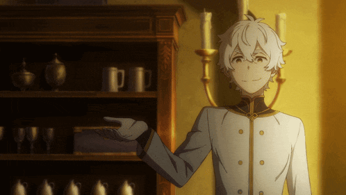 a cartoon character with white hair is standing in front of a shelf with candles