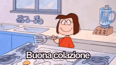 a cartoon of a girl cooking eggs in a kitchen with the words buona colazione written on the bottom