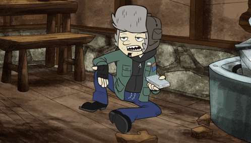 a cartoon character is sitting on the floor holding a card