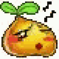 a pixel art illustration of a yellow pear with a green leaf on top .