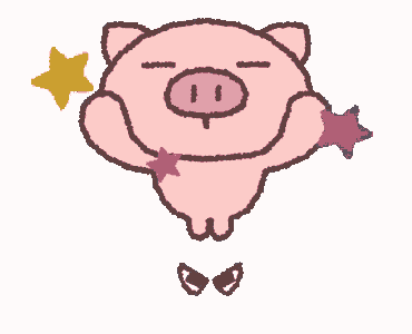 a cartoon pig with a star in its eye is flying through the air surrounded by stars .