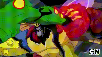 a cartoon character is being attacked by a monster while wearing a green mask .