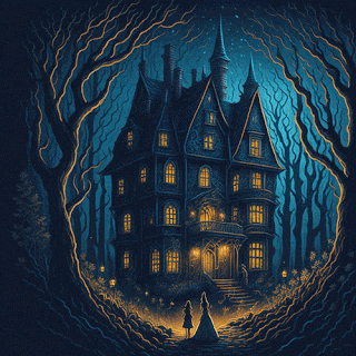 a painting of a haunted house in the woods