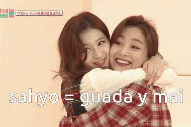 two girls hugging each other with the words sahyo = guada y mai below them