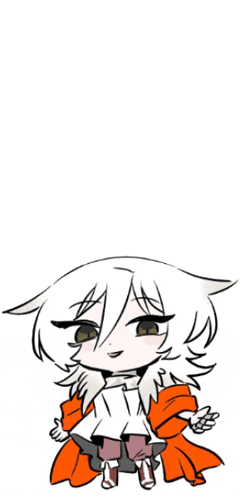 a drawing of a girl with white hair and brown eyes wearing an orange coat