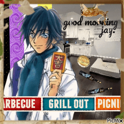 a picture of a man holding a card that says barbecue grill out picni