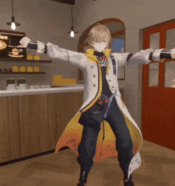 a video game character is dancing in a room with his arms outstretched .