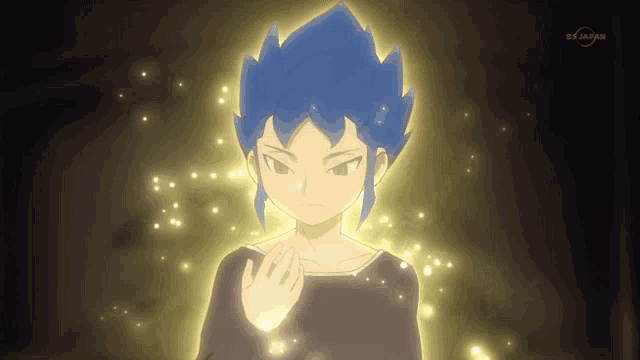 a boy with blue hair stands in front of a bs japan sign