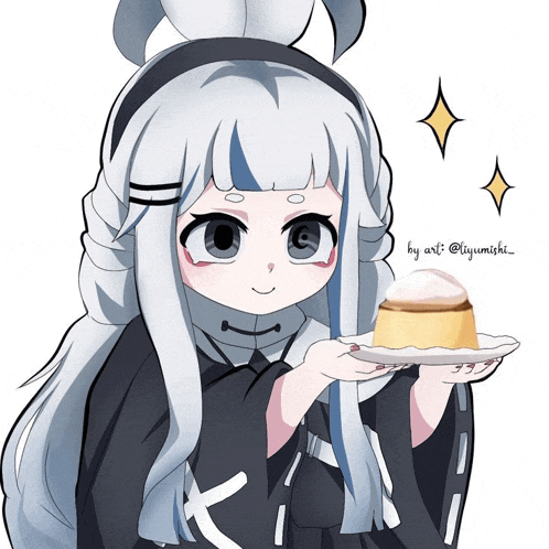 a drawing of a girl holding a plate of food with the words by art @lyumishi on the bottom