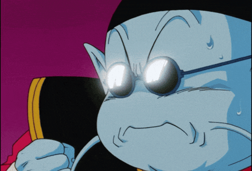 a blue cartoon character wearing sunglasses looks surprised