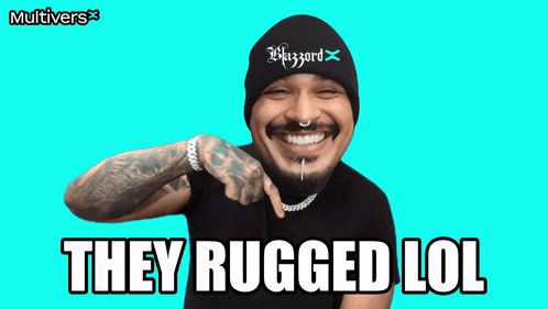 a man wearing a beanie and a black shirt with the words they rugged lol