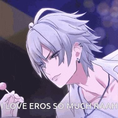 a close up of a person with the words " i love eros so much raah " above them