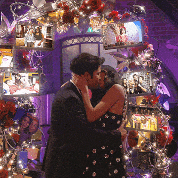 a man and a woman kissing in front of a collage of pictures