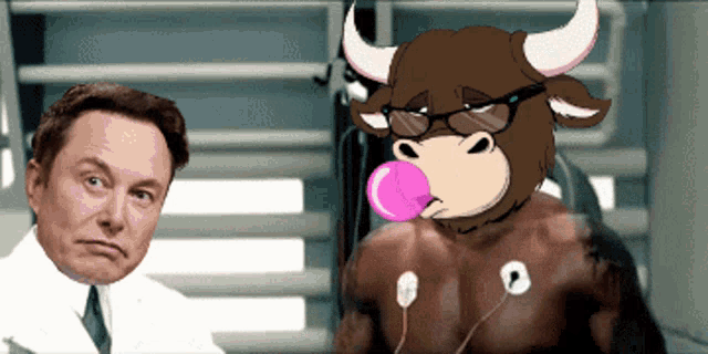 elon musk stands next to a cartoon bull blowing a pink bubble gum