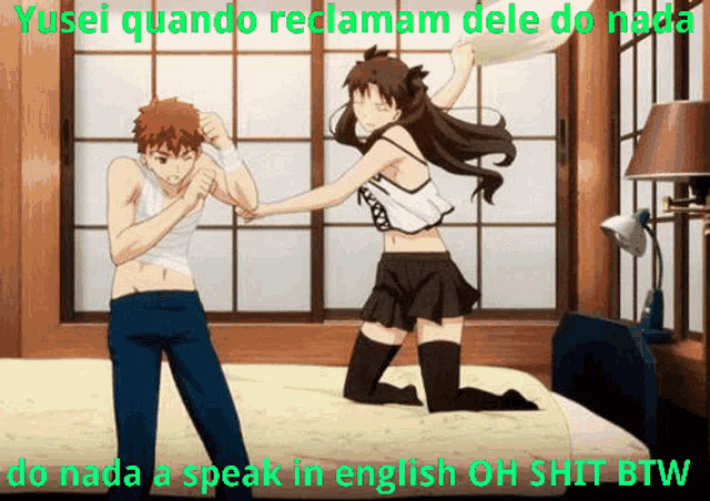 a man and a woman are fighting on a bed with a caption that says do nada a speak in english
