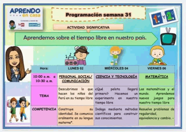 a poster for aprendo en casa shows a schedule of activities