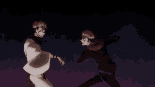 a couple of anime characters are dancing in the dark