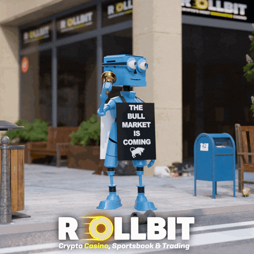 a robot with a sign that says the bull market is coming