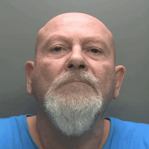 a bald man with a beard and blue shirt looks at the camera