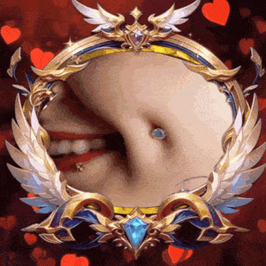 a picture of a woman 's face in a gold frame with wings