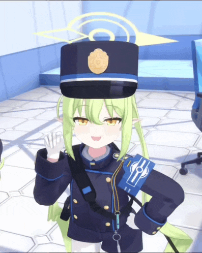 a girl with green hair is wearing a police uniform and hat